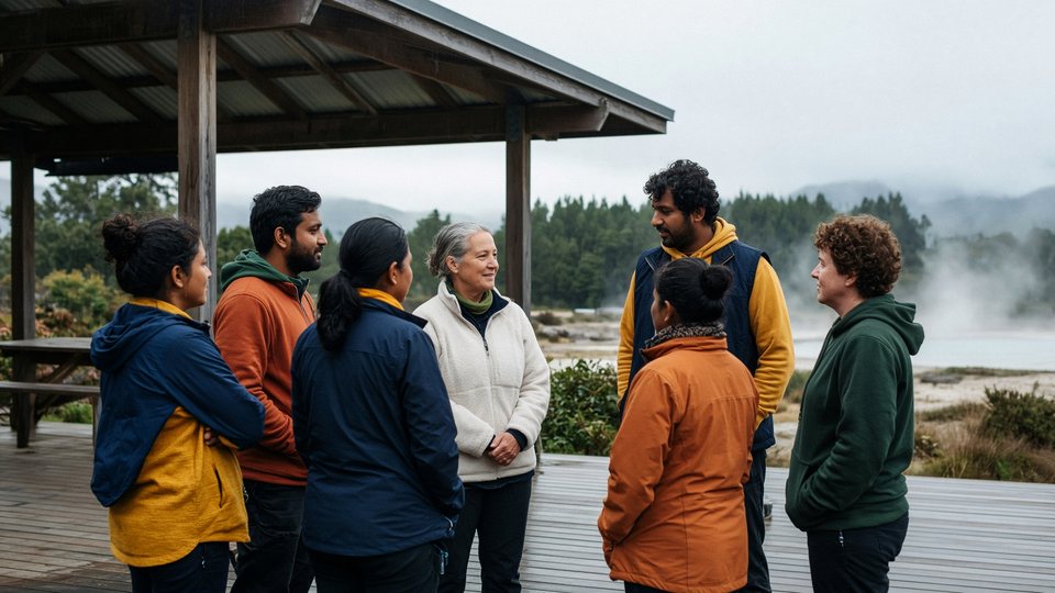 Adults reviewing a route beside the field