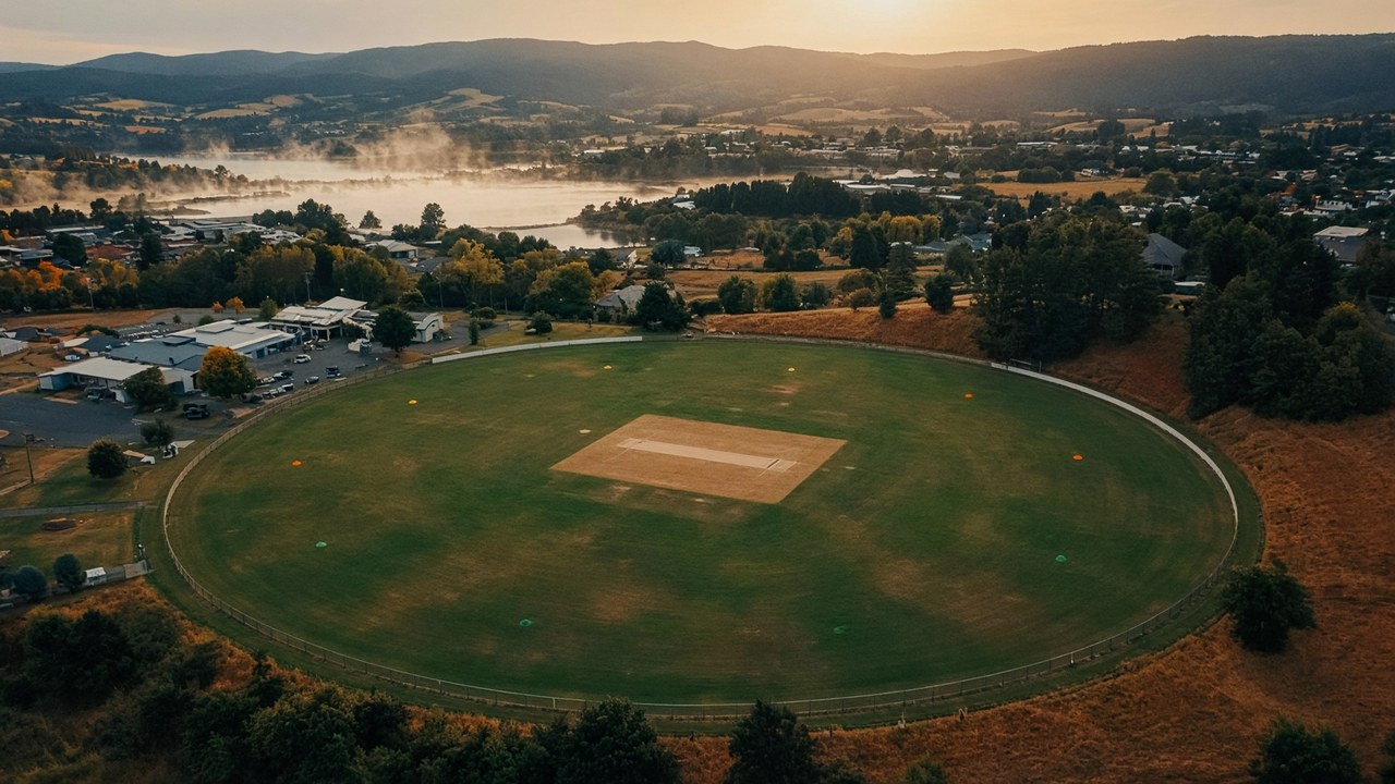 A cricket ground viewed from above in warm evening light